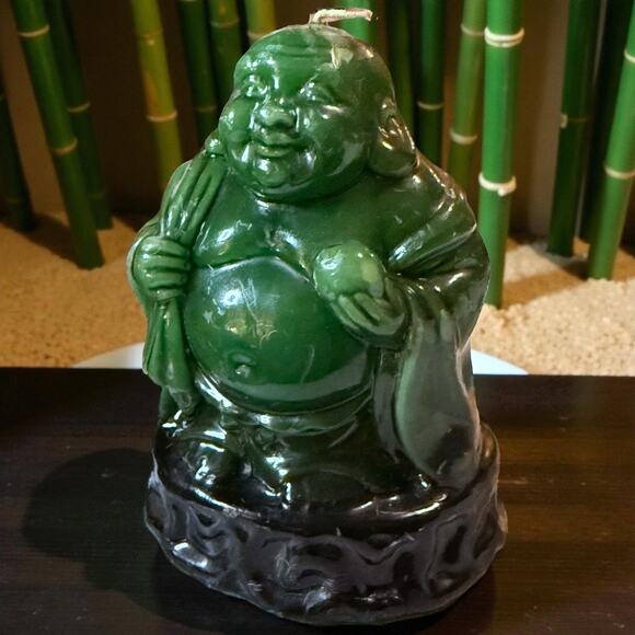 Vintage 70s Lucky Buddha Candle Green Black Wax Distressed 5.25 in - Picture 1 of 14
